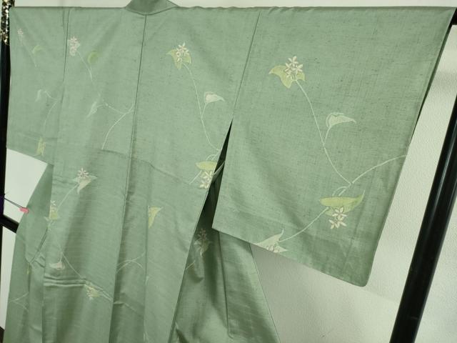 平和屋着物▽極上 紬 単衣 手描き 草花文 柳鼠色地 銀彩 反端付き 逸品 未使用 DZAB2804kh6