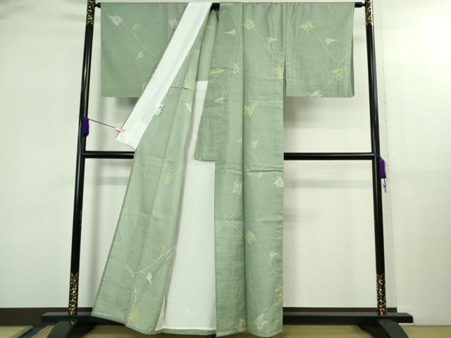 平和屋着物▽極上 紬 単衣 手描き 草花文 柳鼠色地 銀彩 反端付き 逸品 未使用 DZAB2804kh6