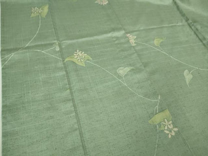 平和屋着物▽極上 紬 単衣 手描き 草花文 柳鼠色地 銀彩 反端付き 逸品 未使用 DZAB2804kh6