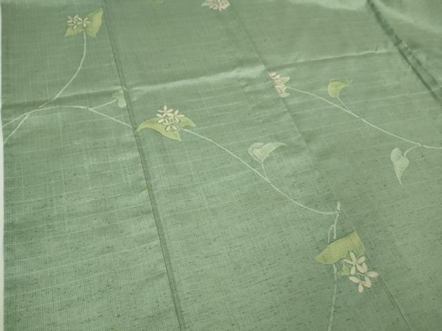 平和屋着物▽極上 紬 単衣 手描き 草花文 柳鼠色地 銀彩 反端付き 逸品 未使用 DZAB2804kh6