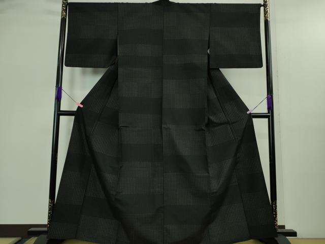 平和屋着物▽極上 紬 単衣 変わり市松 黒地 逸品 DZAB2806kh6