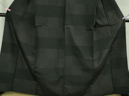 平和屋着物▽極上 紬 単衣 変わり市松 黒地 逸品 DZAB2806kh6