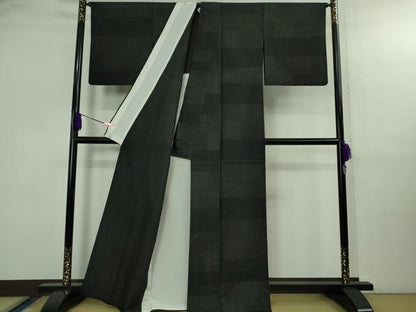 平和屋着物▽極上 紬 単衣 変わり市松 黒地 逸品 DZAB2806kh6