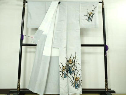 平和屋着物●極上　日本画家　雲龍子月山　訪問着　白山紬地　手描き　草花文　月白色地　逸品　DZAB2808kh6