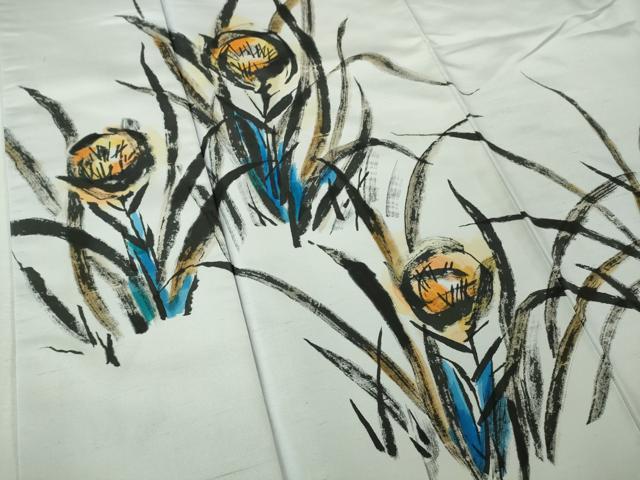 平和屋着物●極上　日本画家　雲龍子月山　訪問着　白山紬地　手描き　草花文　月白色地　逸品　DZAB2808kh6