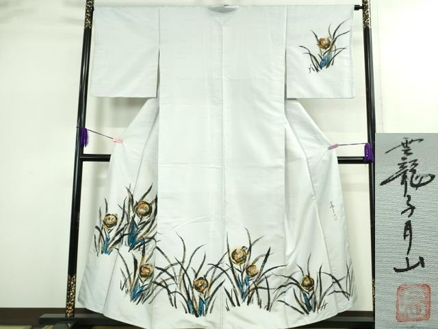 平和屋着物●極上　日本画家　雲龍子月山　訪問着　白山紬地　手描き　草花文　月白色地　逸品　DZAB2808kh6