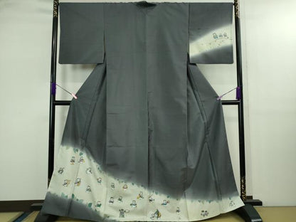 平和屋着物●極上　本天目染　藤原美栄子　訪問着　白山紬　ふくろうの音楽隊　褐色地　金彩　パンフレット付き　逸品　DZAB2809kh6
