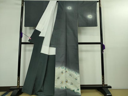 平和屋着物●極上　本天目染　藤原美栄子　訪問着　白山紬　ふくろうの音楽隊　褐色地　金彩　パンフレット付き　逸品　DZAB2809kh6