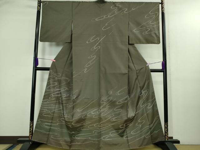 平和屋着物●極上　訪問着　刺し子　総刺繍　白山紬　流水文　藍海松茶色地　暈し染め　逸品　未使用　DZAB2812kh6