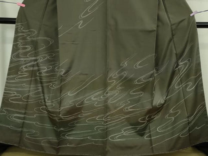平和屋着物●極上　訪問着　刺し子　総刺繍　白山紬　流水文　藍海松茶色地　暈し染め　逸品　未使用　DZAB2812kh6