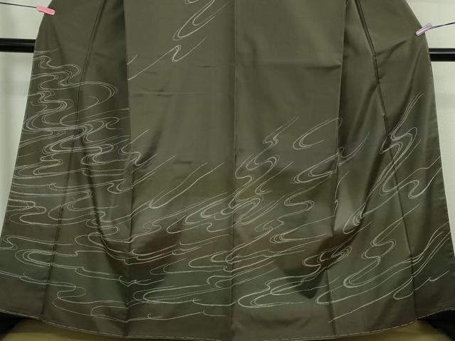 平和屋着物●極上　訪問着　刺し子　総刺繍　白山紬　流水文　藍海松茶色地　暈し染め　逸品　未使用　DZAB2812kh6