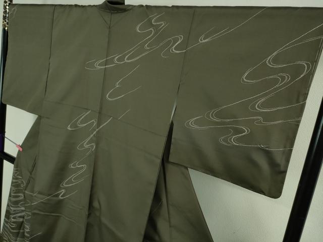 平和屋着物●極上　訪問着　刺し子　総刺繍　白山紬　流水文　藍海松茶色地　暈し染め　逸品　未使用　DZAB2812kh6
