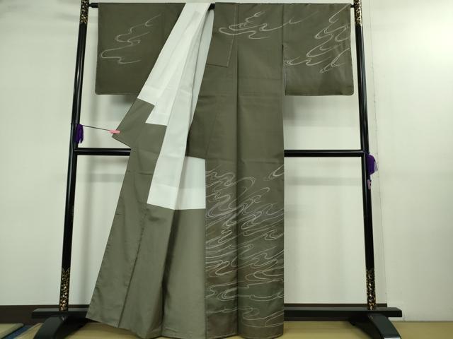 平和屋着物●極上　訪問着　刺し子　総刺繍　白山紬　流水文　藍海松茶色地　暈し染め　逸品　未使用　DZAB2812kh6