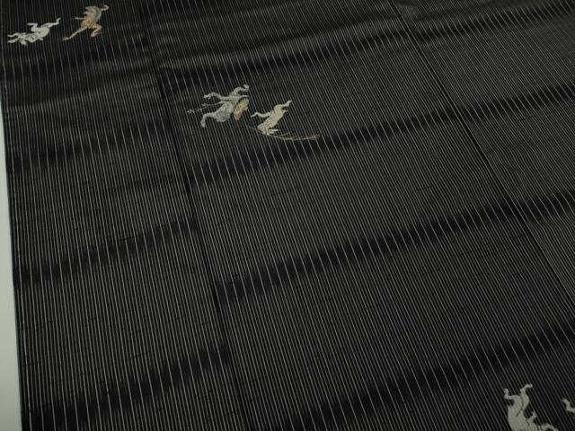 平和屋着物●極上　京の名門・菱屋六右ェ門　紬　鳥獣戯画　黒地　反端付き　逸品　未使用　DZAB2817kh6
