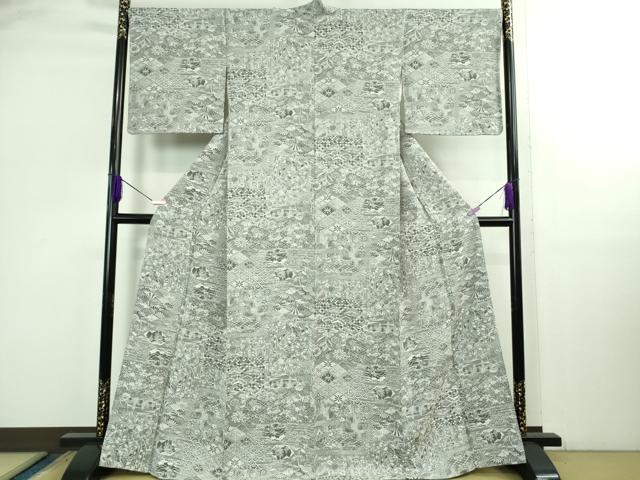 平和屋着物●極上　山岡古都・古都染人　染織美術品　薬墨染　天目織　お召　薬墨　吉祥花文　たんはしつき　逸品　DZAB2826kh6