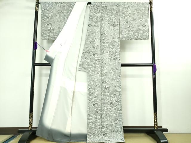 平和屋着物●極上　山岡古都・古都染人　染織美術品　薬墨染　天目織　お召　薬墨　吉祥花文　たんはしつき　逸品　DZAB2826kh6