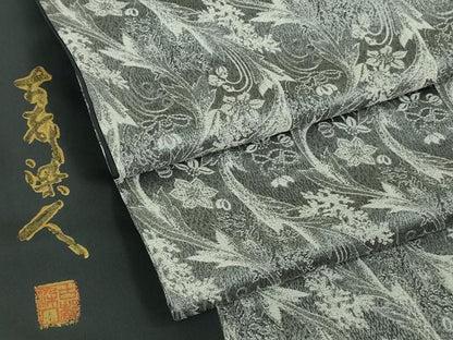 平和屋着物●極上　山岡古都・古都染人　染織美術品　薬墨染　天目織　お召　草花文　逸品　DZAB2828kh6