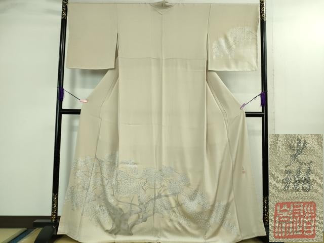 平和屋着物●極上　松尾光琳　訪問着　淡墨桜　練色地　銀彩　保証書付き　逸品　未使用　DZAB2829kh6