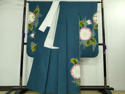 平和屋本店●極上　世界的人形師　辻村寿三郎　ジュサブロー　振袖・長襦袢(袷)セット　草花文　藍色地　金彩　逸品　DZAB2834kh6