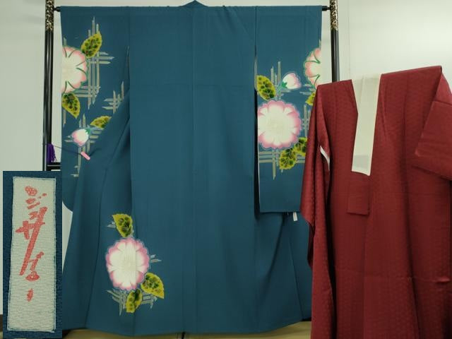 平和屋本店●極上　世界的人形師　辻村寿三郎　ジュサブロー　振袖・長襦袢(袷)セット　草花文　藍色地　金彩　逸品　DZAB2834kh6