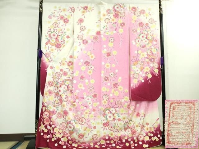 平和屋着物●極上　越後十日町の一流染匠　桐屋・翠山工房　振袖　辻が花　枝垂れ花　暈し染め　金彩　銀通し地　逸品　DZAB2835kh6