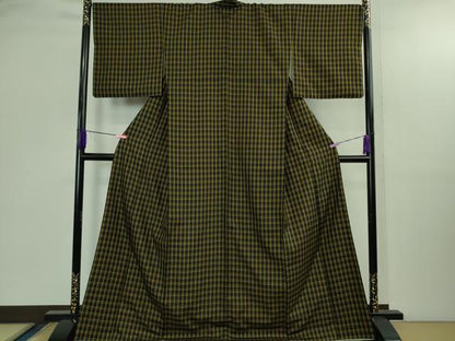 平和屋本店●極上　本場黄八丈　黒八丈　市松綾織　紬　格子　逸品　DZAB2837kh6