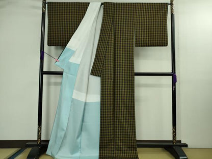 平和屋本店●極上　本場黄八丈　黒八丈　市松綾織　紬　格子　逸品　DZAB2837kh6