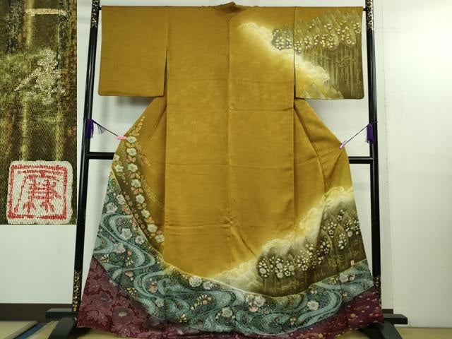 平和屋着物●極上　 吉乃一廉　幻の辻が花　訪問着　黄橡色地　暈し染め　金彩　逸品　DZAB2845kh6