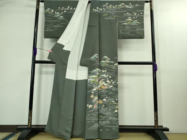 平和屋本店●極上　名門・上野家　四代目 上野真　訪問着　御所解文　藍墨茶色地　鬼しぼ縮緬　逸品　DZAB2846kh6 平和屋本店○極上 名門・上野家 四代目 上野真 訪問着 御所解
