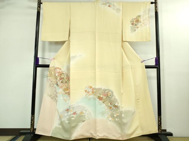 平和屋本店●極上　創業460年・千總　訪問着　雪輪花丸文　薄い淡黄色地　暈し染め　金彩　逸品　DZAB2847kh6