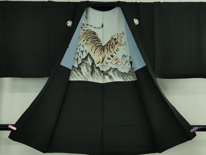 平和屋着物＃極上　男性　黒紋付長羽織　羽裏・虎　逸品　DZAB2849kh6