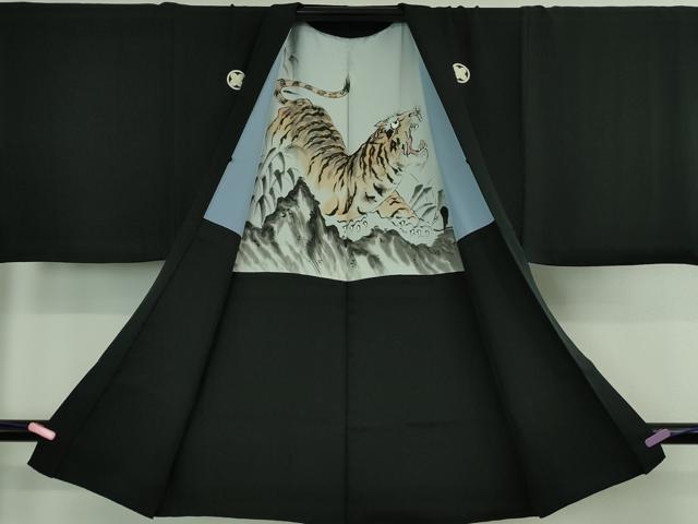 平和屋着物＃極上　男性　黒紋付長羽織　羽裏・虎　逸品　DZAB2849kh6