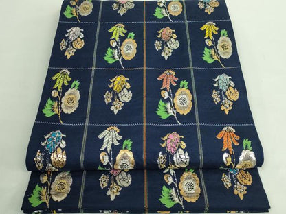 平和屋本店●最高級　龍村平蔵製　太鼓柄　本袋帯　モール草花　金銀糸　濃い紺色地　逸品　DZAB2854kh6