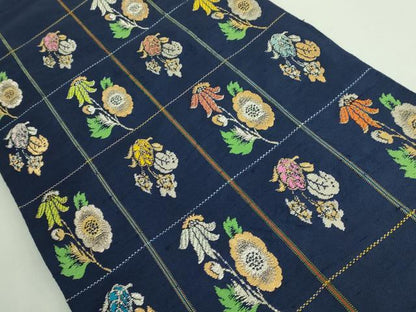 平和屋本店●最高級　龍村平蔵製　太鼓柄　本袋帯　モール草花　金銀糸　濃い紺色地　逸品　DZAB2854kh6
