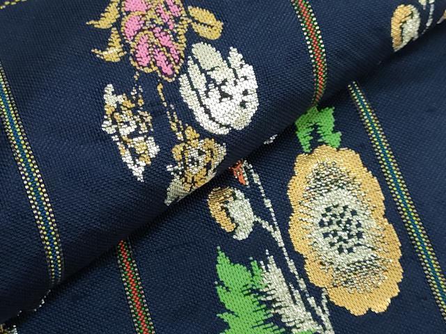 平和屋本店●最高級　龍村平蔵製　太鼓柄　本袋帯　モール草花　金銀糸　濃い紺色地　逸品　DZAB2854kh6