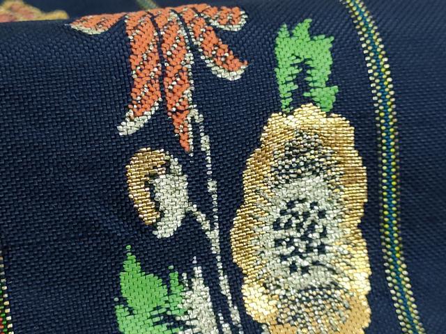 平和屋本店●最高級　龍村平蔵製　太鼓柄　本袋帯　モール草花　金銀糸　濃い紺色地　逸品　DZAB2854kh6