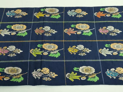 平和屋本店●最高級　龍村平蔵製　太鼓柄　本袋帯　モール草花　金銀糸　濃い紺色地　逸品　DZAB2854kh6