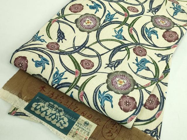 平和屋本店＊最高級　夏物　城間栄順　本場琉球紅型　九寸名古屋帯　花唐草　証紙付き　逸品　未使用　DZAB2856kh6