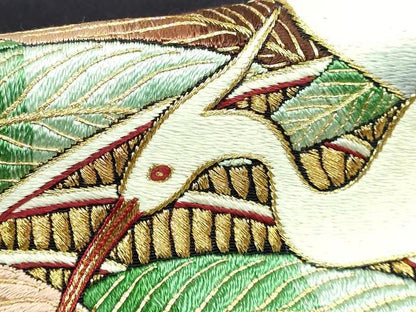 平和屋本店●極上　浦野理一　九寸名古屋帯　総刺繍　白鷺　黒紅色地　金糸　鬼しぼ縮緬　逸品　DZAB2859kh6