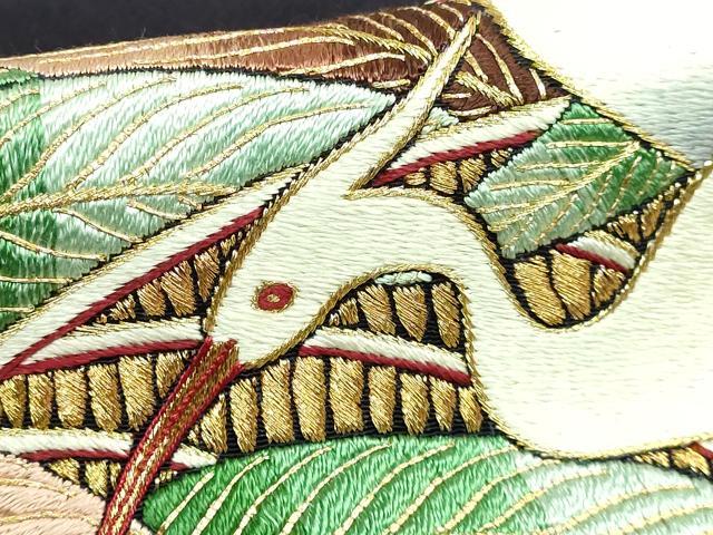 平和屋本店●極上　浦野理一　九寸名古屋帯　総刺繍　白鷺　黒紅色地　金糸　鬼しぼ縮緬　逸品　DZAB2859kh6