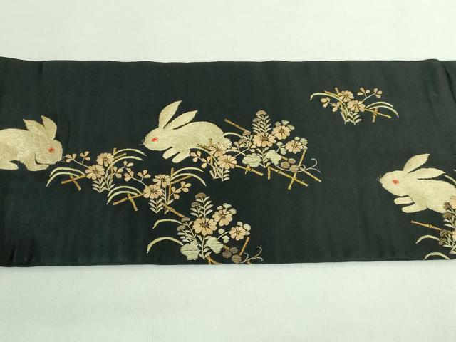 平和屋本店●極上　アンティーク　大正ロマン　九寸名古屋帯　総手刺繍　兎　餅つき　黒地　金糸　逸品　DZAB2866kh6