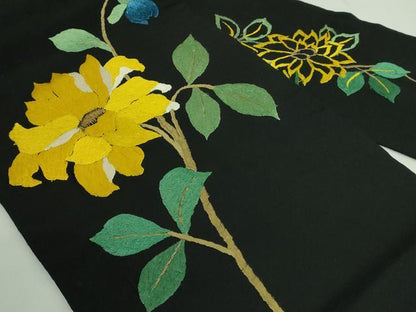 平和屋着物●極上　アンティーク　大正ロマン　九寸名古屋帯　総手刺繍　枝花文　黒地　金糸　逸品　DZAB2867kh6
