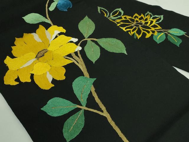 平和屋着物●極上　アンティーク　大正ロマン　九寸名古屋帯　総手刺繍　枝花文　黒地　金糸　逸品　DZAB2867kh6
