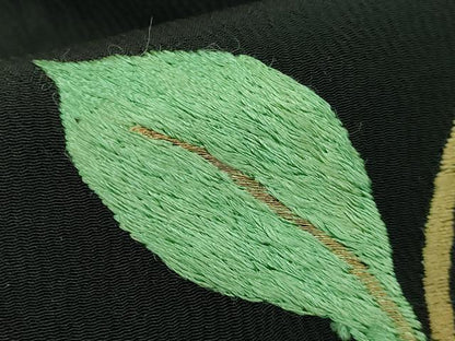 平和屋着物●極上　アンティーク　大正ロマン　九寸名古屋帯　総手刺繍　枝花文　黒地　金糸　逸品　DZAB2867kh6
