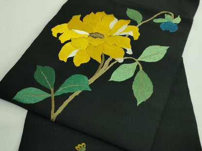平和屋着物●極上　アンティーク　大正ロマン　九寸名古屋帯　総手刺繍　枝花文　黒地　金糸　逸品　DZAB2867kh6