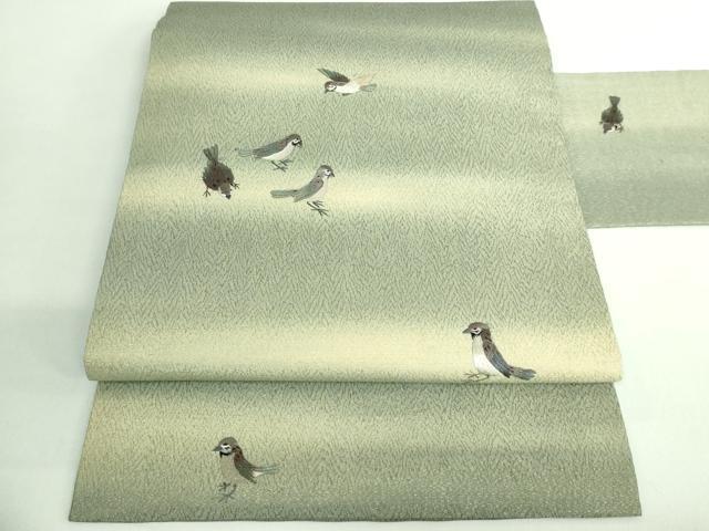 平和屋着物●極上　アンティーク　大正ロマン　九寸名古屋帯　総手刺繍　雀　金糸　逸品　DZAB2869kh6