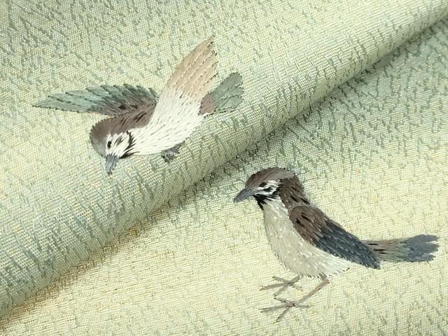 平和屋着物●極上　アンティーク　大正ロマン　九寸名古屋帯　総手刺繍　雀　金糸　逸品　DZAB2869kh6