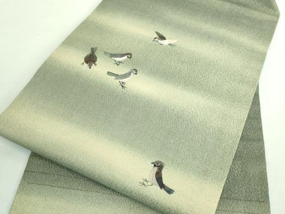 平和屋着物●極上　アンティーク　大正ロマン　九寸名古屋帯　総手刺繍　雀　金糸　逸品　DZAB2869kh6