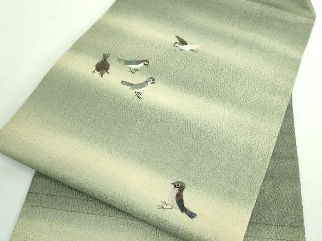 平和屋着物●極上　アンティーク　大正ロマン　九寸名古屋帯　総手刺繍　雀　金糸　逸品　DZAB2869kh6