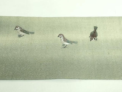 平和屋着物●極上　アンティーク　大正ロマン　九寸名古屋帯　総手刺繍　雀　金糸　逸品　DZAB2869kh6